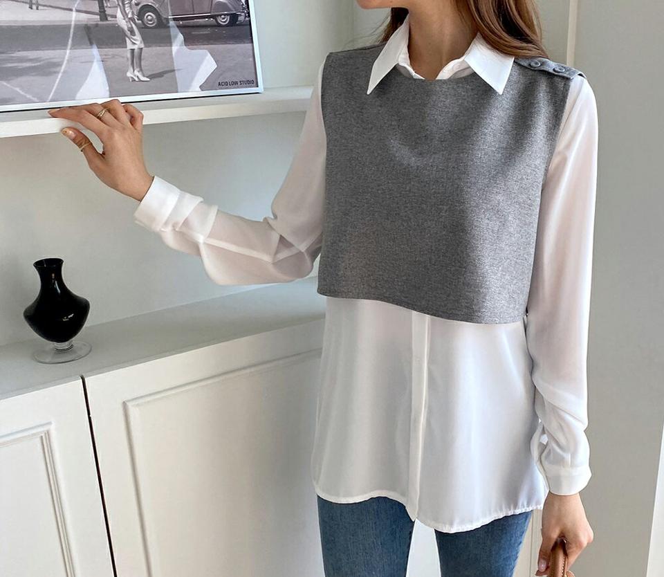 カラーブラウス&ボタンベストSET・全2色・t67687 レディース 【bl】【トップス ブラウス 長袖 ベスト レイヤード セット set 大人 シック 単色 無地 シンプル カジュアル 春 秋 韓国 ファッション】【ハイホリHIHOLLI】