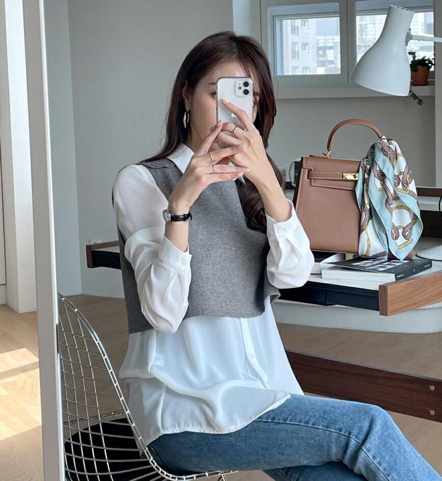 カラーブラウス&ボタンベストSET・全2色・t67687 レディース 【bl】【トップス ブラウス 長袖 ベスト レイヤード セット set 大人 シック 単色 無地 シンプル カジュアル 春 秋 韓国 ファッション】【ハイホリHIHOLLI】