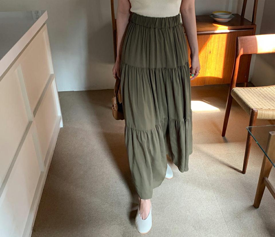 ティアードスカート・全3色・t65137 レディース 【sk】【韓国 ファッション ボトムス スカート ロング ロングスカート ティアード ボリューミ ウエストゴム 体型カバー カジュアル デイリー 上品 春 夏】