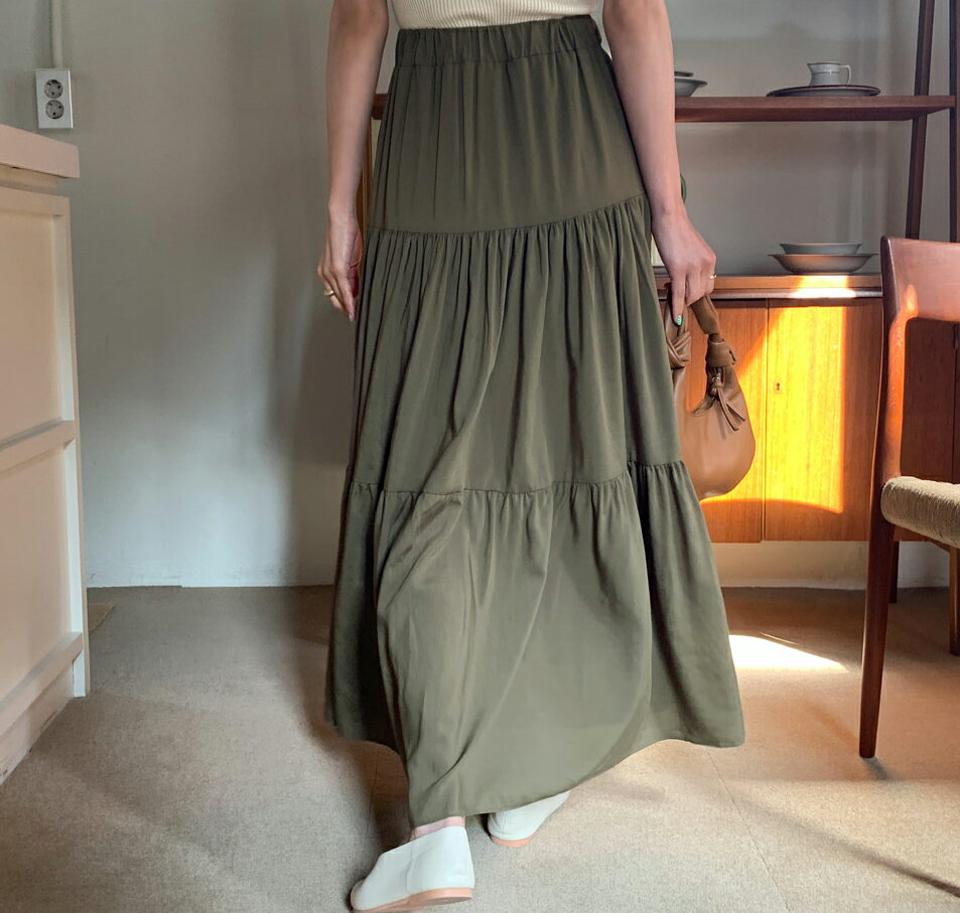 ティアードスカート・全3色・t65137 レディース 【sk】【韓国 ファッション ボトムス スカート ロング ロングスカート ティアード ボリューミ ウエストゴム 体型カバー カジュアル デイリー 上品 春 夏】