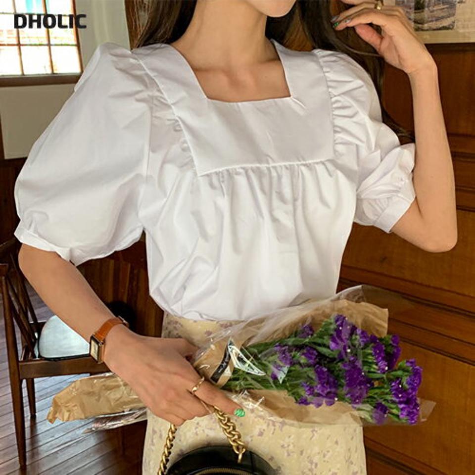 2WAYギャザーブラウス・全2色・t65156 レディース 【bl】 韓国 ファッション トップス ブラウス 半袖 上品 2WAY ボリューム スクエアネック Uネック ギャザー 体型カバー フェミニン カジュアル 春 夏