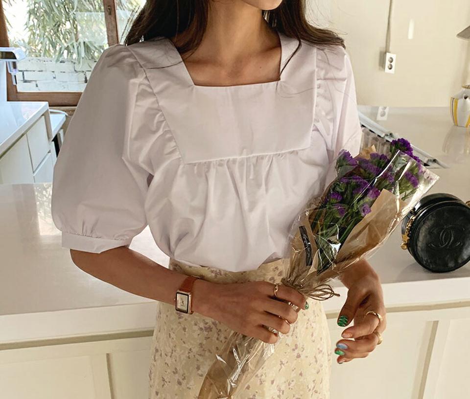 2WAYギャザーブラウス・全2色・t65156 レディース 【bl】 韓国 ファッション トップス ブラウス 半袖 上品 2WAY ボリューム スクエアネック Uネック ギャザー 体型カバー フェミニン カジュアル 春 夏