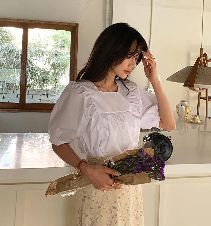 2WAYギャザーブラウス・全2色・t65156 レディース 【bl】 韓国 ファッション トップス ブラウス 半袖 上品 2WAY ボリューム スクエアネック Uネック ギャザー 体型カバー フェミニン カジュアル 春 夏