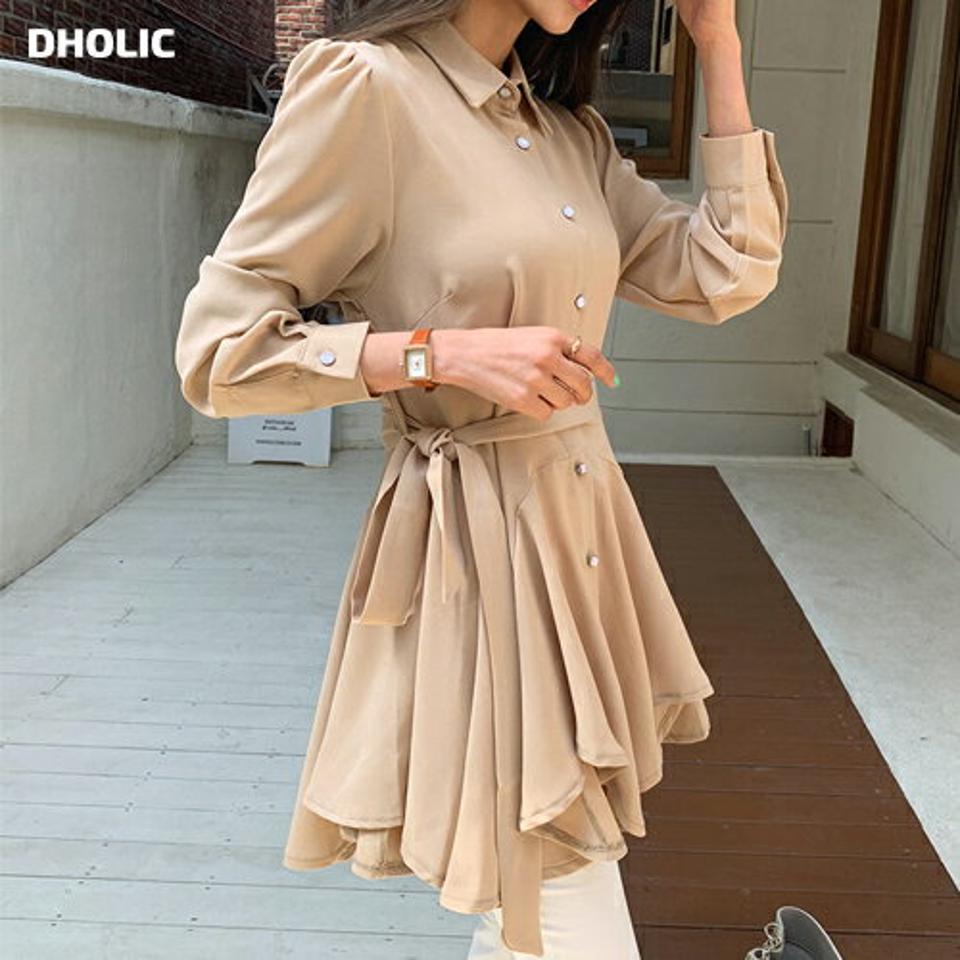 ストラップ付フレアミニワンピース・全3色・t65129 レディース 【ops】【韓国 ファッション ワンピース ミニ ミニワンピース 長袖 シャツワンピース アンバランス フレア セット ストラップ フェミニン 体型カバー 春 夏】