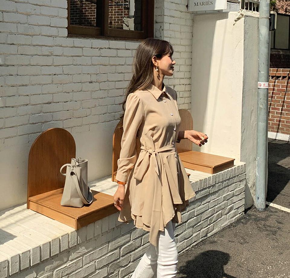 ストラップ付フレアミニワンピース・全3色・t65129 レディース 【ops】【韓国 ファッション ワンピース ミニ ミニワンピース 長袖 シャツワンピース アンバランス フレア セット ストラップ フェミニン 体型カバー 春 夏】