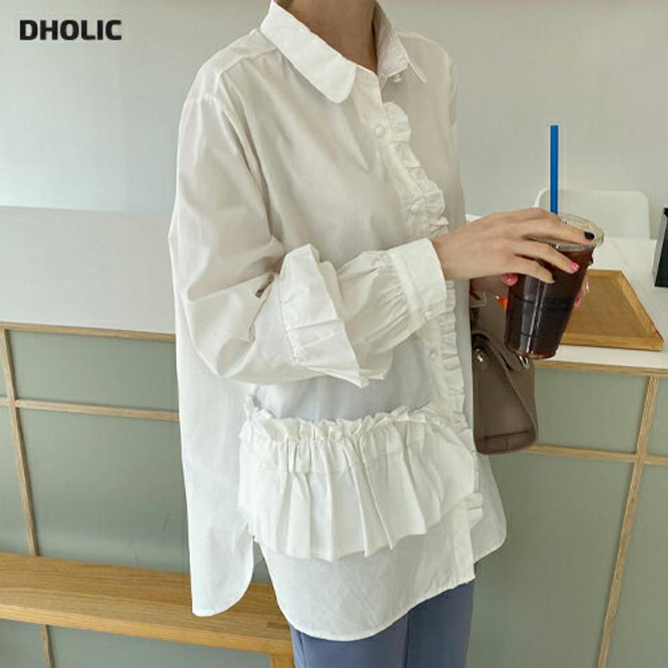 フリルルーズシャツ・全2色・t67643 レディース 【bl】【トップス シャツ 長袖 フリル ルーズ ゆったり 可愛い かわいい ガーリー ホワイトシャツ 白シャツ 春 秋 韓国 ファッション】【ハイホリHIHOLLI】