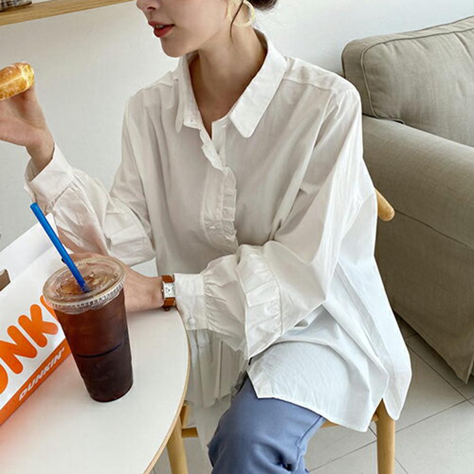 フリルルーズシャツ・全2色・t67643 レディース 【bl】【トップス シャツ 長袖 フリル ルーズ ゆったり 可愛い かわいい ガーリー ホワイトシャツ 白シャツ 春 秋 韓国 ファッション】【ハイホリHIHOLLI】