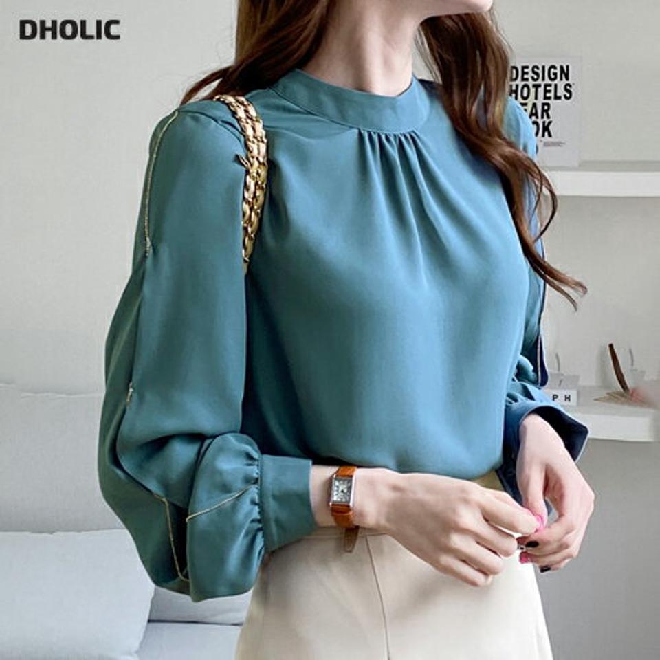 ゴールドチェーンブラウス・全4色・b67627 レディース 【bl】【トップス　ブラウス ゴールド チェーン 長袖 ハーフネック ギャザー 単色 シンプル 大人 春 秋 韓国 ファッション】【ハイホリHIHOLLI】