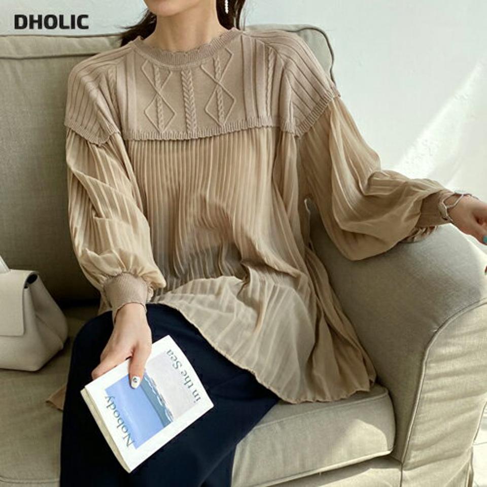 ニットコントラストプリーツブラウス・全2色・b32613 レディース 【bl】【トップス ブラウス プリーツ ニット シフォン コントラスト フレア 異素材ミックス 可愛い かわいい フェミニン 春 秋 韓国 ファッション】【ハイホリHIHOLLI】