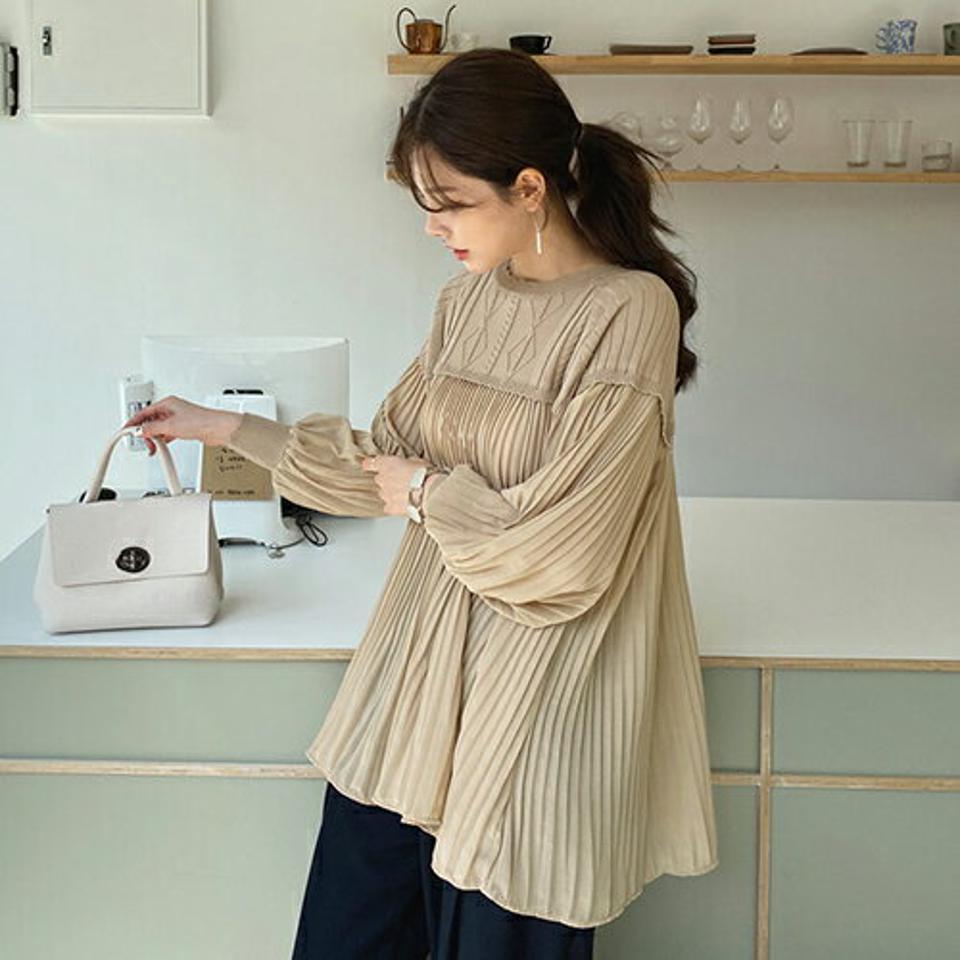 ニットコントラストプリーツブラウス・全2色・b32613 レディース 【bl】【トップス ブラウス プリーツ ニット シフォン コントラスト フレア 異素材ミックス 可愛い かわいい フェミニン 春 秋 韓国 ファッション】【ハイホリHIHOLLI】