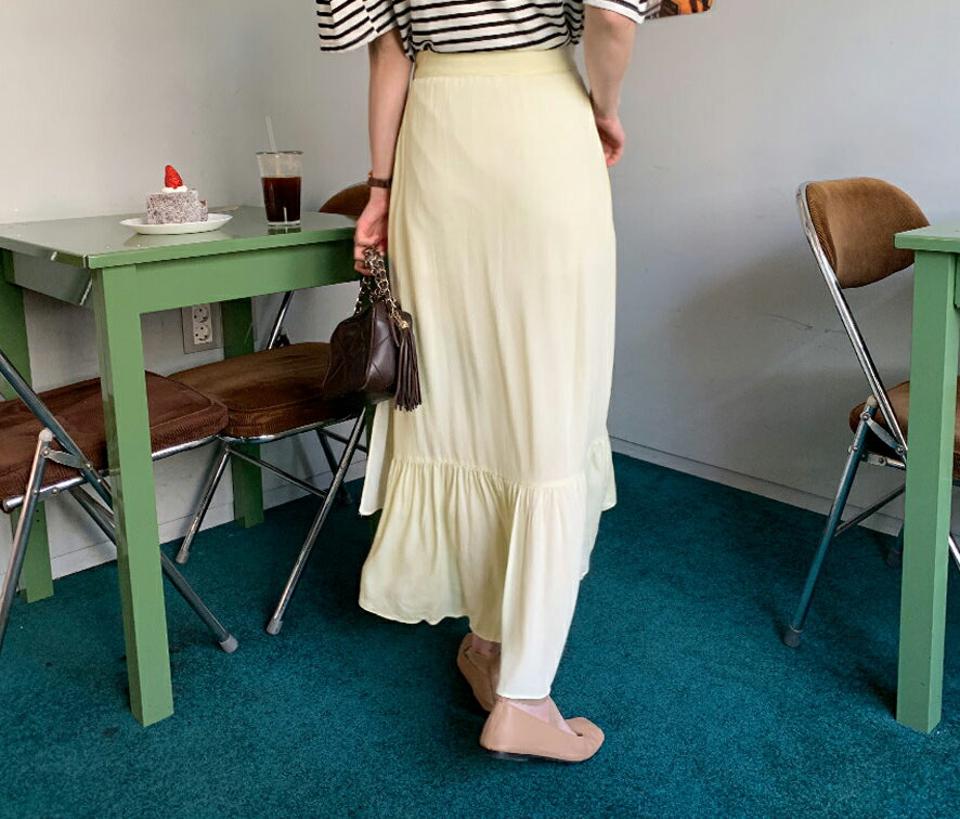 ラップフレアヘムスカート・全4色・t61821 レディース 【sk】【韓国 ファッション ボトムス スカート ロング ロングスカート ラップスカート アンバランス フレア リンクル 体型カバー カジュアル デイリー 上品 春 夏】