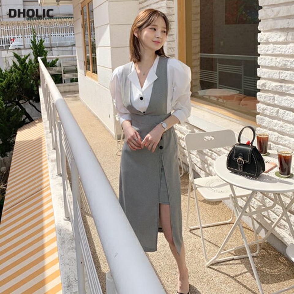 2TYPEディープVネックワンピース・全2色・b61811 レディース 【ops】【韓国 ファッション ワンピース ロング ロングワンピース Vネック スリーブレス ノースリ 無地 チェック 2TYPE Hライン ディープスリット 体型カバー 細身 スリム カジュアル 春 夏】