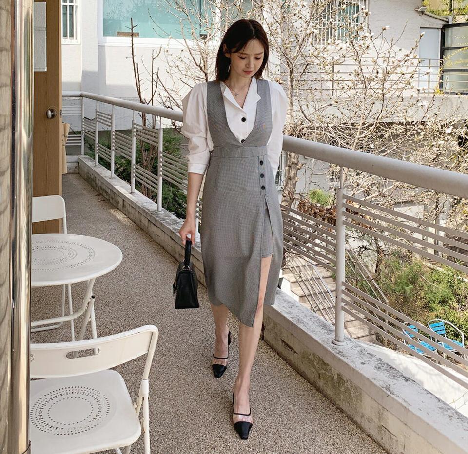 2TYPEディープVネックワンピース・全2色・b61811 レディース 【ops】【韓国 ファッション ワンピース ロング ロングワンピース Vネック スリーブレス ノースリ 無地 チェック 2TYPE Hライン ディープスリット 体型カバー 細身 スリム カジュアル 春 夏】