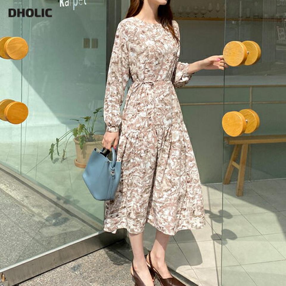 ストラップ付プリントワンピース・全2色・b67631 レディース 【ops】【ワンピース ロング ロングワンピース 長袖 ストラップ プリント 総柄 可愛い かわいい 大人 春 秋 韓国 ファッション】【ハイホリHIHOLLI】【fw】