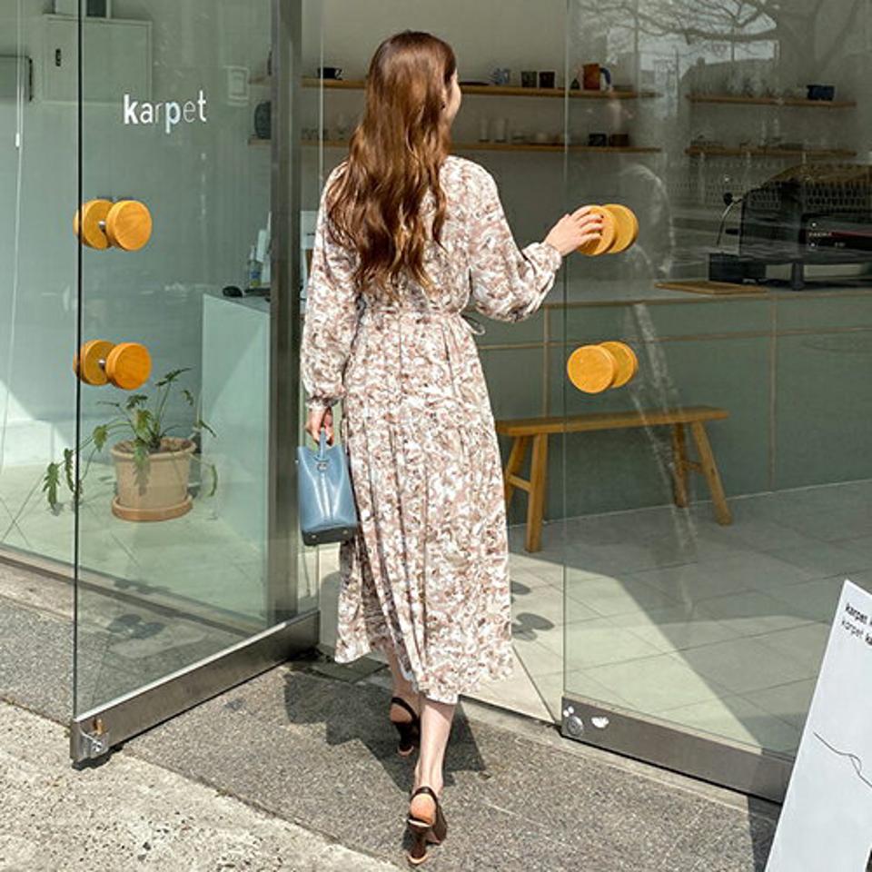 ストラップ付プリントワンピース・全2色・b67631 レディース 【ops】【ワンピース ロング ロングワンピース 長袖 ストラップ プリント 総柄 可愛い かわいい 大人 春 秋 韓国 ファッション】【ハイホリHIHOLLI】【fw】