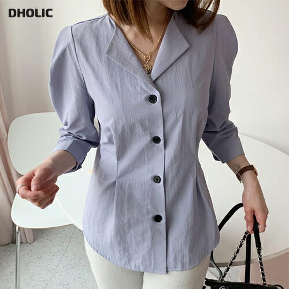 タックパフボタンブラウス・全3色・t61806 レディース 【bl】【韓国 ファッション トップス ブラウス 長袖 上品 ウエストタック パフスリーブ ネックスリット ベーシック フェミニン カジュアル 春 夏】