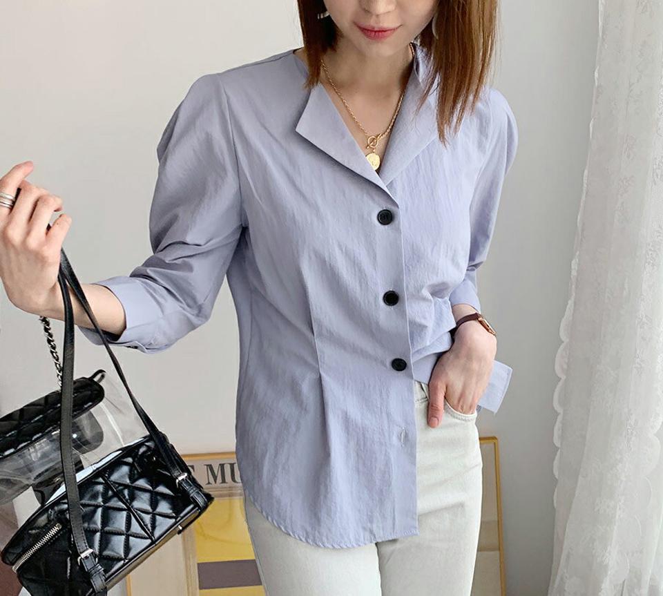 タックパフボタンブラウス・全3色・t61806 レディース 【bl】【韓国 ファッション トップス ブラウス 長袖 上品 ウエストタック パフスリーブ ネックスリット ベーシック フェミニン カジュアル 春 夏】