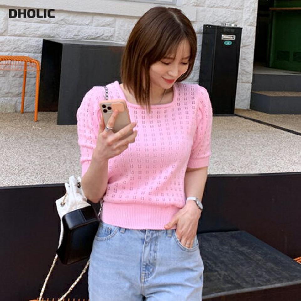 パンチングスクエアニット・全3色・b61808 レディース 【tops】 韓国ファッション トップス ニット 半袖 スリム カジュアル パンチング スクエアネック デコルテ パフスリーブ 細身 フェミニン ベーシック ピンク 無地 春 夏222