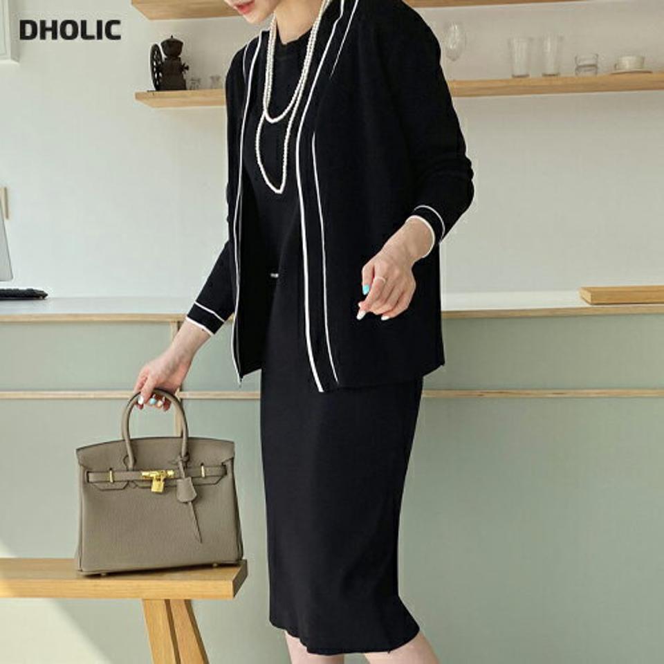 配色ニットカーデ&ワンピースSET・全2色・b67632 レディース 【ops】【セット set カーディガン ニット ワンピース ロングワンピース 配色 半袖 ハーフスリーブ 長袖 大人 春 秋 韓国 ファッション】【ハイホリHIHOLLI】