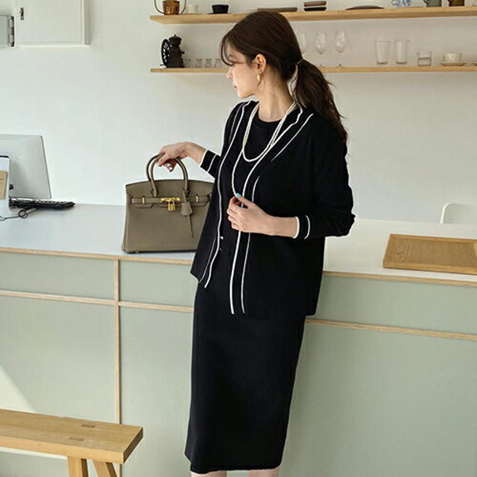 配色ニットカーデ&ワンピースSET・全2色・b67632 レディース 【ops】【セット set カーディガン ニット ワンピース ロングワンピース 配色 半袖 ハーフスリーブ 長袖 大人 春 秋 韓国 ファッション】【ハイホリHIHOLLI】