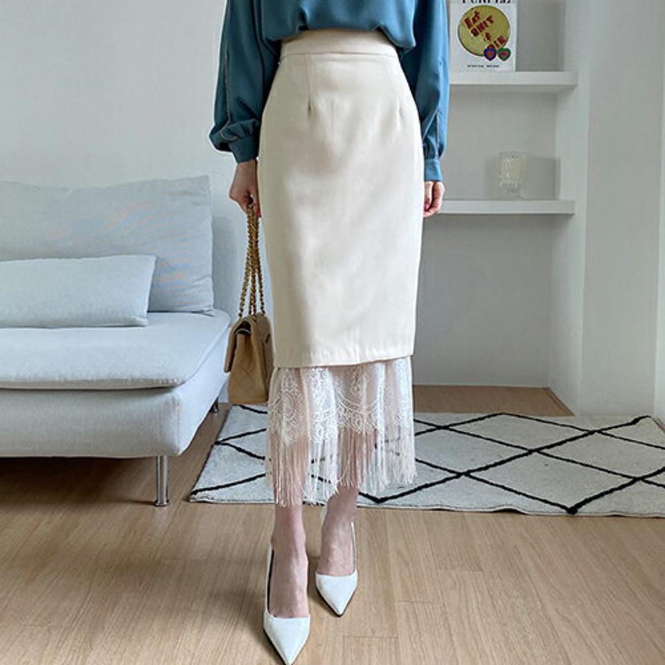 フリンジレースヘムスカート・全2色・t67648 レディース 【sk】【スカート ロング ロングスカート 透け感 シアー シースルー フリンジ レース フェミニン かわいい 可愛い 大人 春 秋 韓国 ファッション】【ハイホリHIHOLLI】
