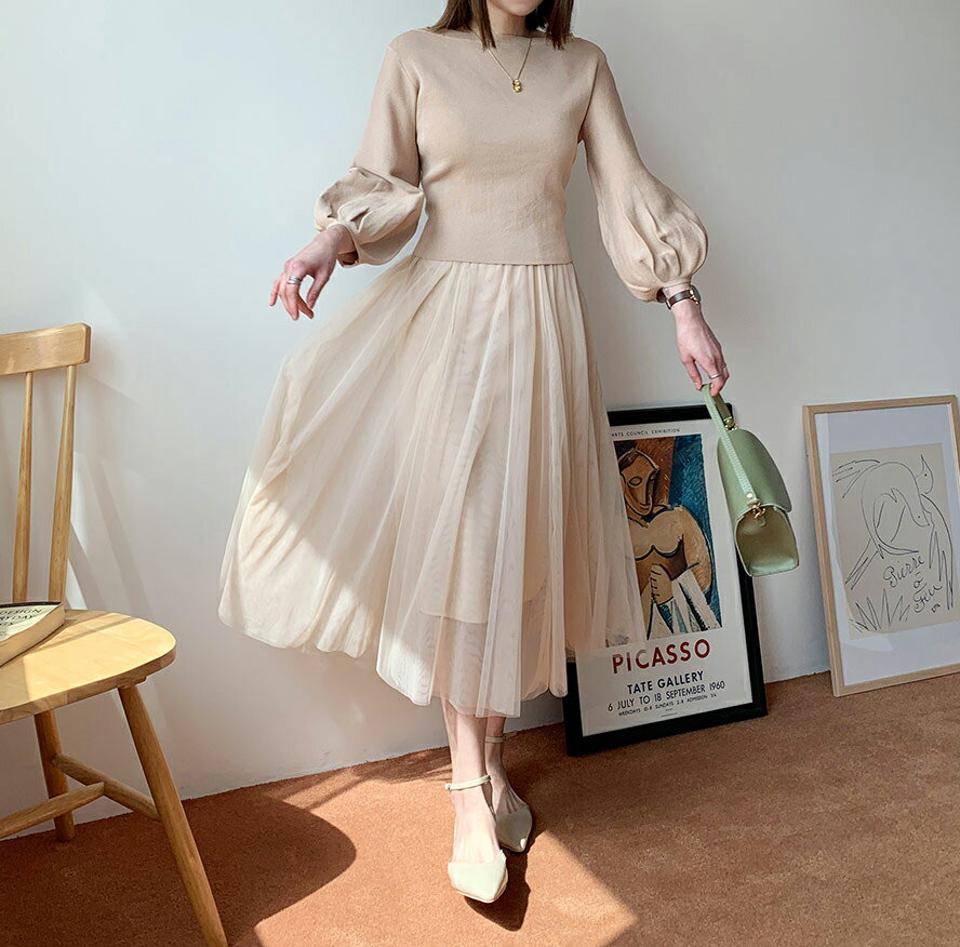 レースアップニット&チュールワンピースSET・全1色・e61813 レディース 【ops】 韓国ファッション ワンピース ロングワンピース 長袖 セット パフスリーブ ボートネック レースアップ キャミソール スリム カジュアル 春 夏251