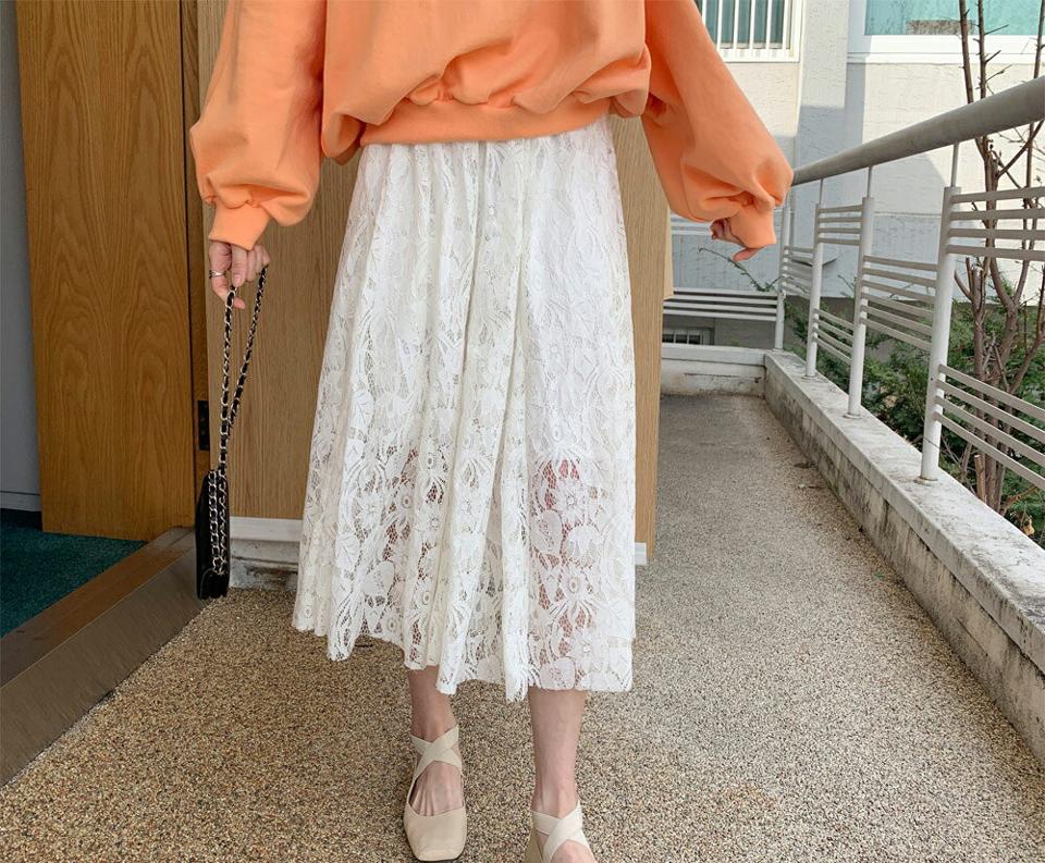 フレアレーススカート・全3色・b61820 レディース 【sk】【韓国 ファッション ボトムス スカート ロング ロングスカート 花柄 フラワー フローラル パターン オールレース フレア 体型カバー カジュアル デイリー 上品 春 夏】