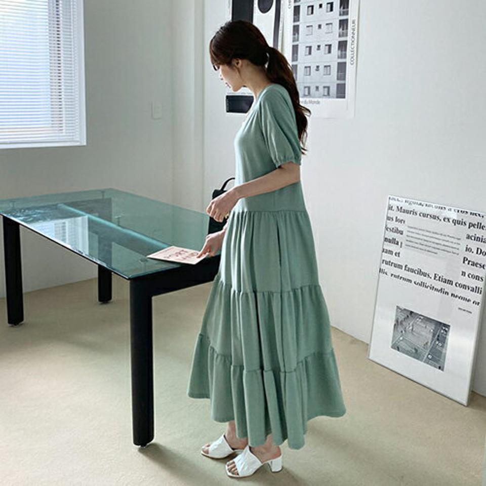 ティアードロングワンピース・全3色・b67645 レディース 【ops】【ワンピース ロング ロングワンピース 半袖 ハーフスリーブ ティアード 可愛い かわいい 単色 無地 シンプル 春 秋 韓国 ファッション】【ハイホリHIHOLLI】