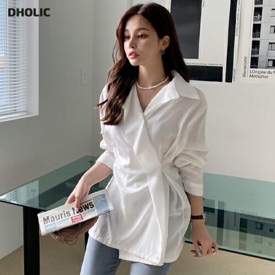 ボタンラップシャツ・全4色・t67623 レディース 【bl】【トップス シャツ ラップデザイン ラップシャツ 長袖 雰囲気 大人 春 秋 韓国 ファッション】【ハイホリHIHOLLI】