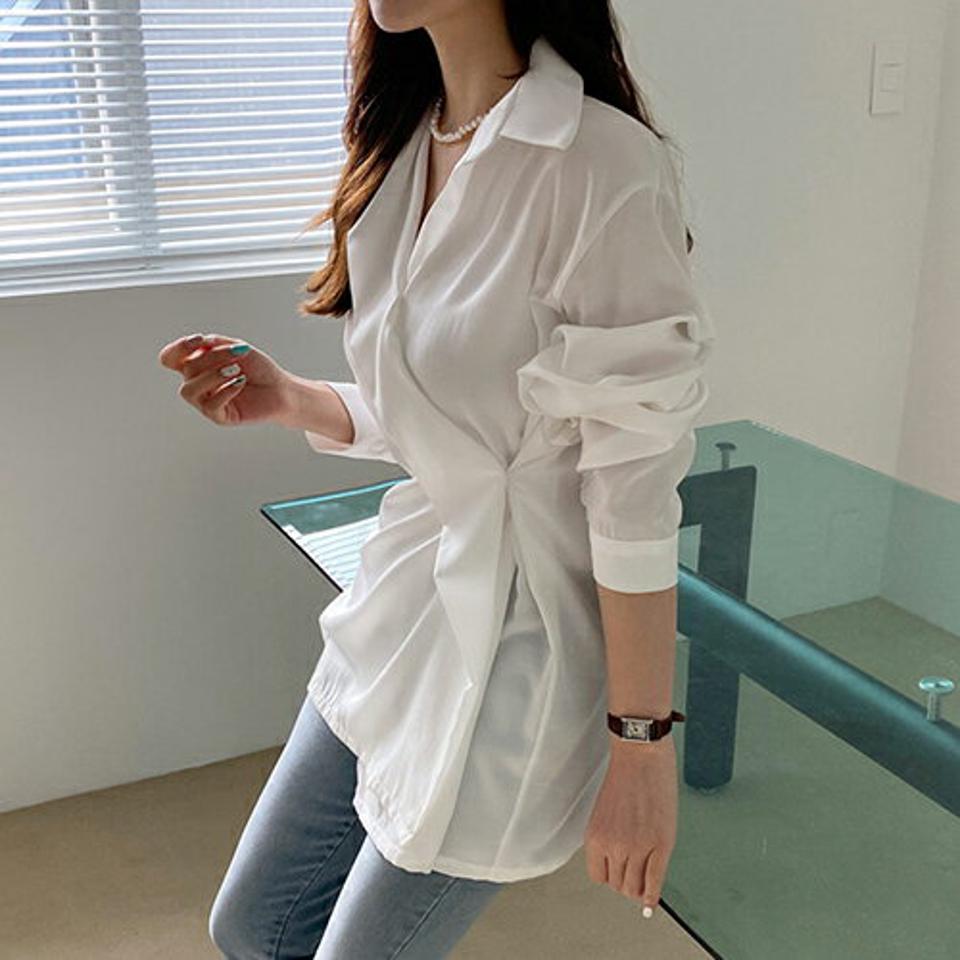 ボタンラップシャツ・全4色・t67623 レディース 【bl】【トップス シャツ ラップデザイン ラップシャツ 長袖 雰囲気 大人 春 秋 韓国 ファッション】【ハイホリHIHOLLI】