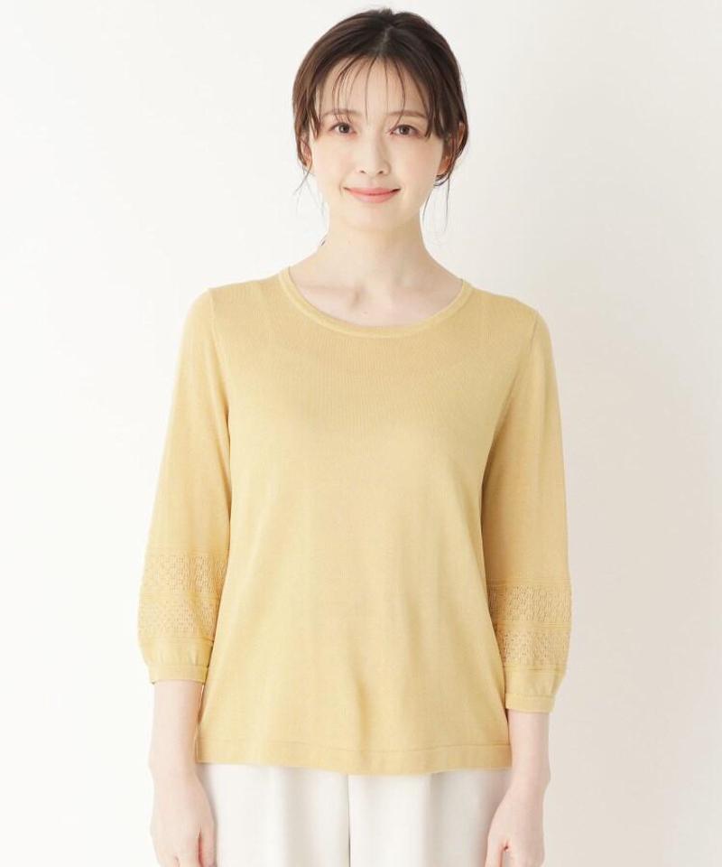 「Lサイズ」透かし編み切り替え7分袖ニットプルオーバー