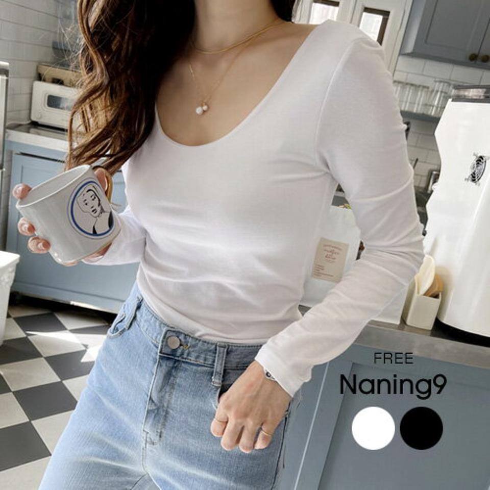 NANING9(ナンニング)Uネックスパン長袖Tシャツ【4/2up_go】韓国 韓国ファッション レディース 春 夏 人気 トレンド 流行 トップス【5】