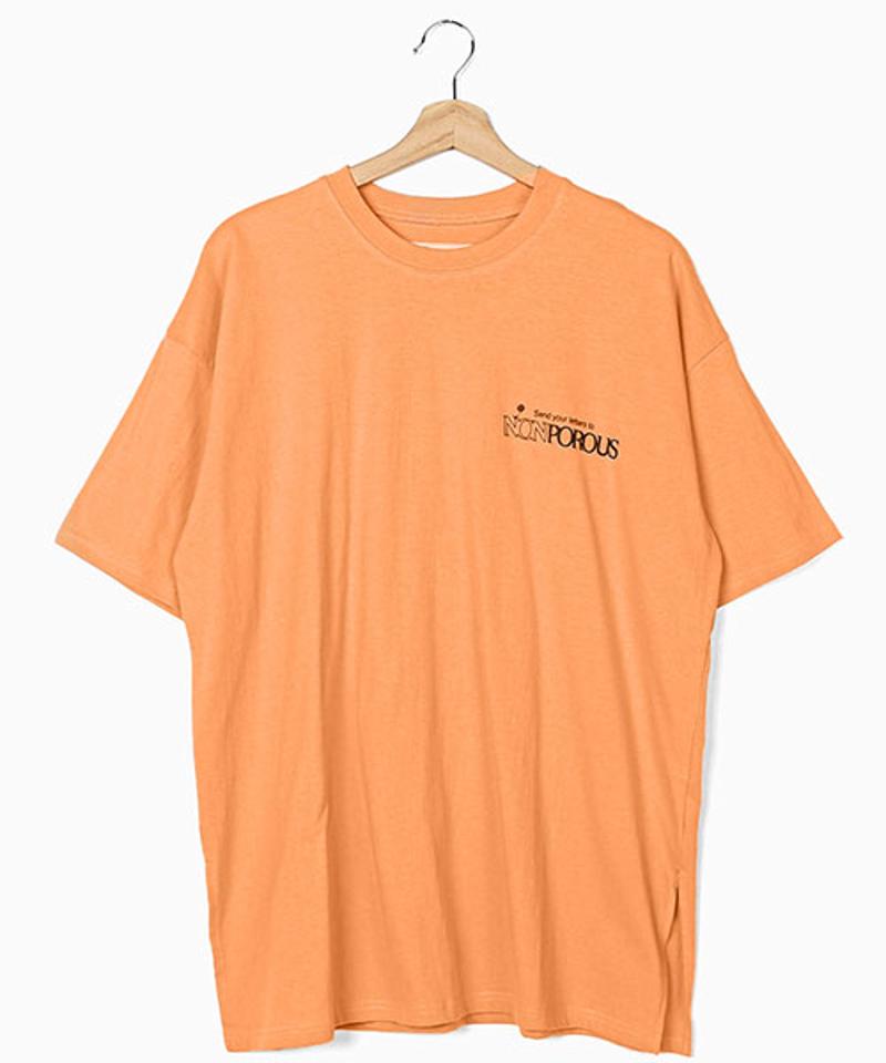 MERONGSHOP(メロンショップ)バックレタリングTシャツ【4/2up_wo】【メール便】韓国 韓国ファッション　トップス tシャツ 半袖 レタリング バックプリント オーバーサイズ tシャツ ロング スリット レディース ファッション【5】