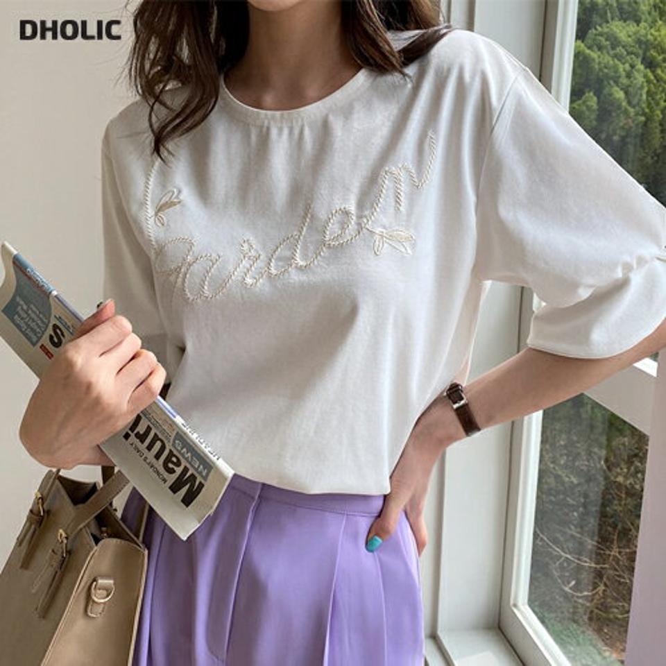 刺繍フリルスリーブTシャツ・全3色・b67720 レディース 【tops】【トップス Tシャツ 半袖 半端丈 ハーフスリーブ フリル 刺繍 ロゴ レタリング カジュアル ラフ かわいい 春 夏 秋 韓国 ファッション】【ハイホリHIHOLLI】