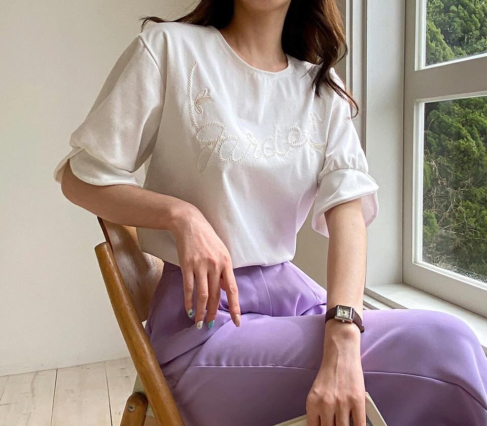 刺繍フリルスリーブTシャツ・全3色・b67720 レディース 【tops】【トップス Tシャツ 半袖 半端丈 ハーフスリーブ フリル 刺繍 ロゴ レタリング カジュアル ラフ かわいい 春 夏 秋 韓国 ファッション】【ハイホリHIHOLLI】