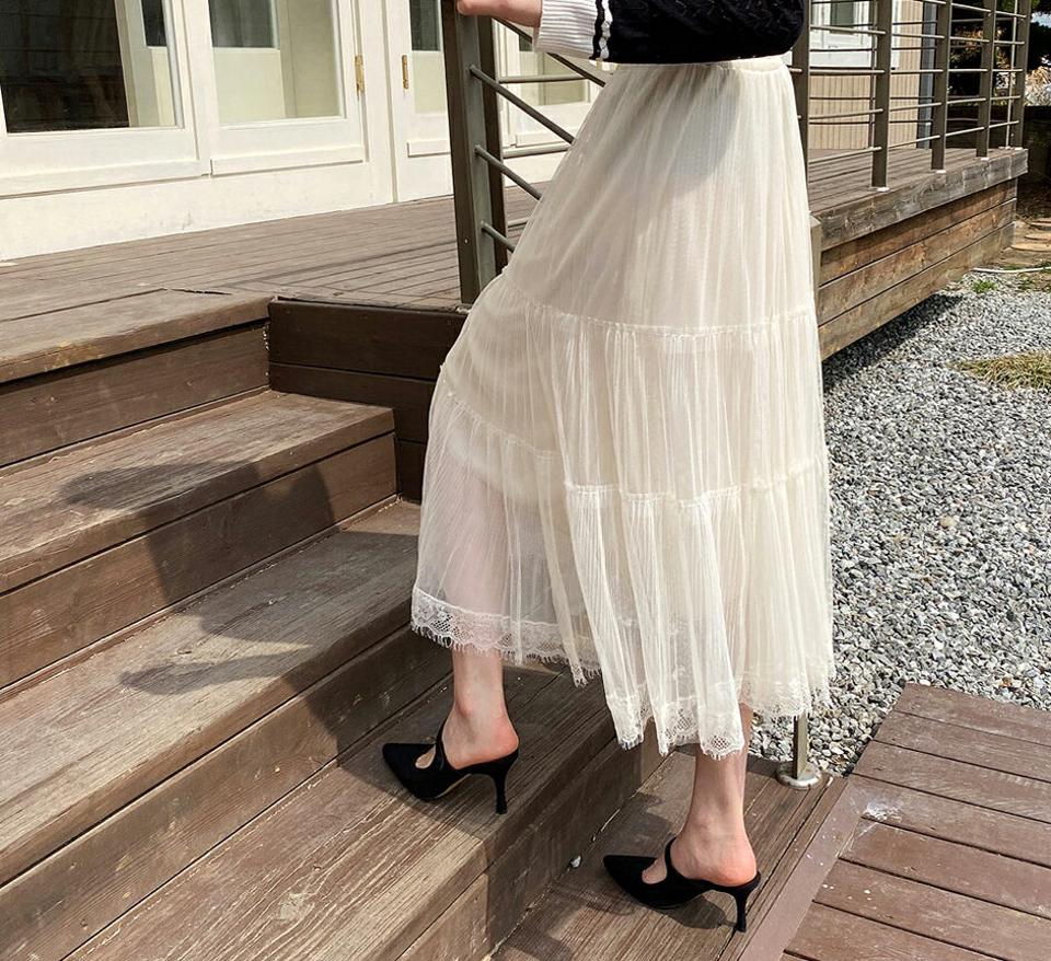 チュールレースヘムスカート・全4色・b67821 レディース 【sk】【スカート ロング ロングスカート レース チュールスカート チュール 透け感 シアー シースルー フェミニン かわいい 春 夏 秋 韓国 ファッション】【ハイホリHIHOLLI】