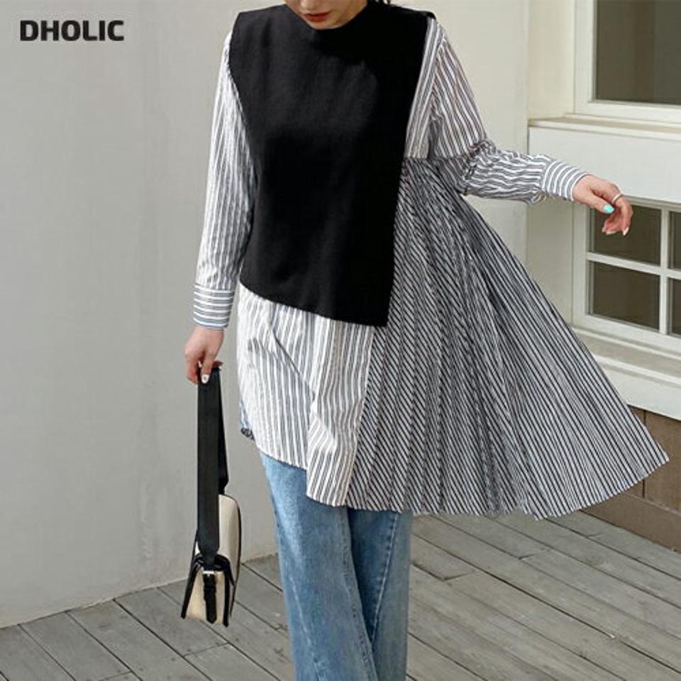 ベルト付ベスト&ストライプワンピースSET・全2色・b67814 レディース 【ops】【ワンピース ミディ丈 ミディワンピース ストライプ柄 爽やか 長袖 ニットベスト ベスト ニット 大人 プリーツ 揺れる 春 秋 韓国 ファッション】【ハイホリHIHOLLI】