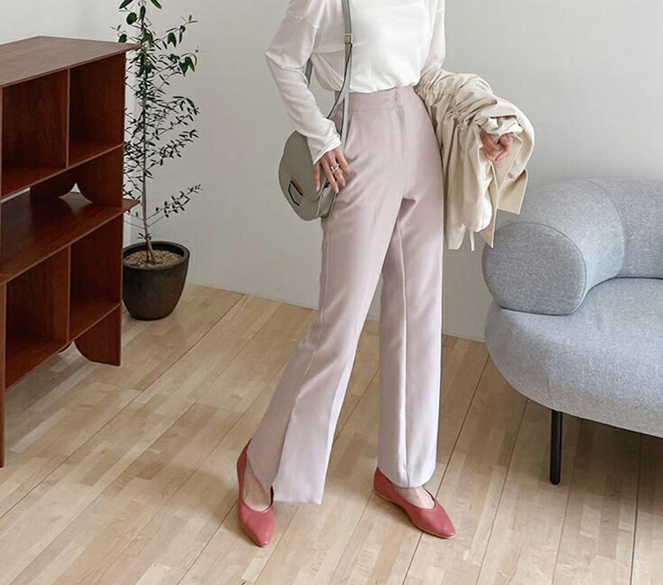 スリットブーツカットスラックス・全2色・t61853 レディース 【pt】【韓国 ファッション ボトムス ロング ロングパンツ スラックス ブーツカット オフィスカジュアル オフィス 足長 美脚 体型カーバー 10分丈 十分丈 カジュアル デイリー 夏 春】