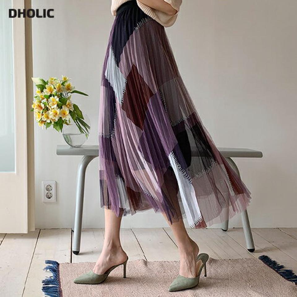 カラーブロックチュールスカート・全3色・b67820 レディース 【sk】【スカート ロング ロングスカート チュールスカート カラーブロック チュール 透け感 シアー シースルー フェミニン ウエストゴム 大人 春 秋 夏 韓国 ファッション】【ハイホリHIHOLLI】