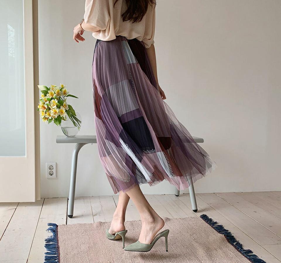 カラーブロックチュールスカート・全3色・b67820 レディース 【sk】【スカート ロング ロングスカート チュールスカート カラーブロック チュール 透け感 シアー シースルー フェミニン ウエストゴム 大人 春 秋 夏 韓国 ファッション】【ハイホリHIHOLLI】