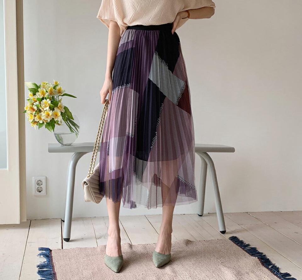 カラーブロックチュールスカート・全3色・b67820 レディース 【sk】【スカート ロング ロングスカート チュールスカート カラーブロック チュール 透け感 シアー シースルー フェミニン ウエストゴム 大人 春 秋 夏 韓国 ファッション】【ハイホリHIHOLLI】