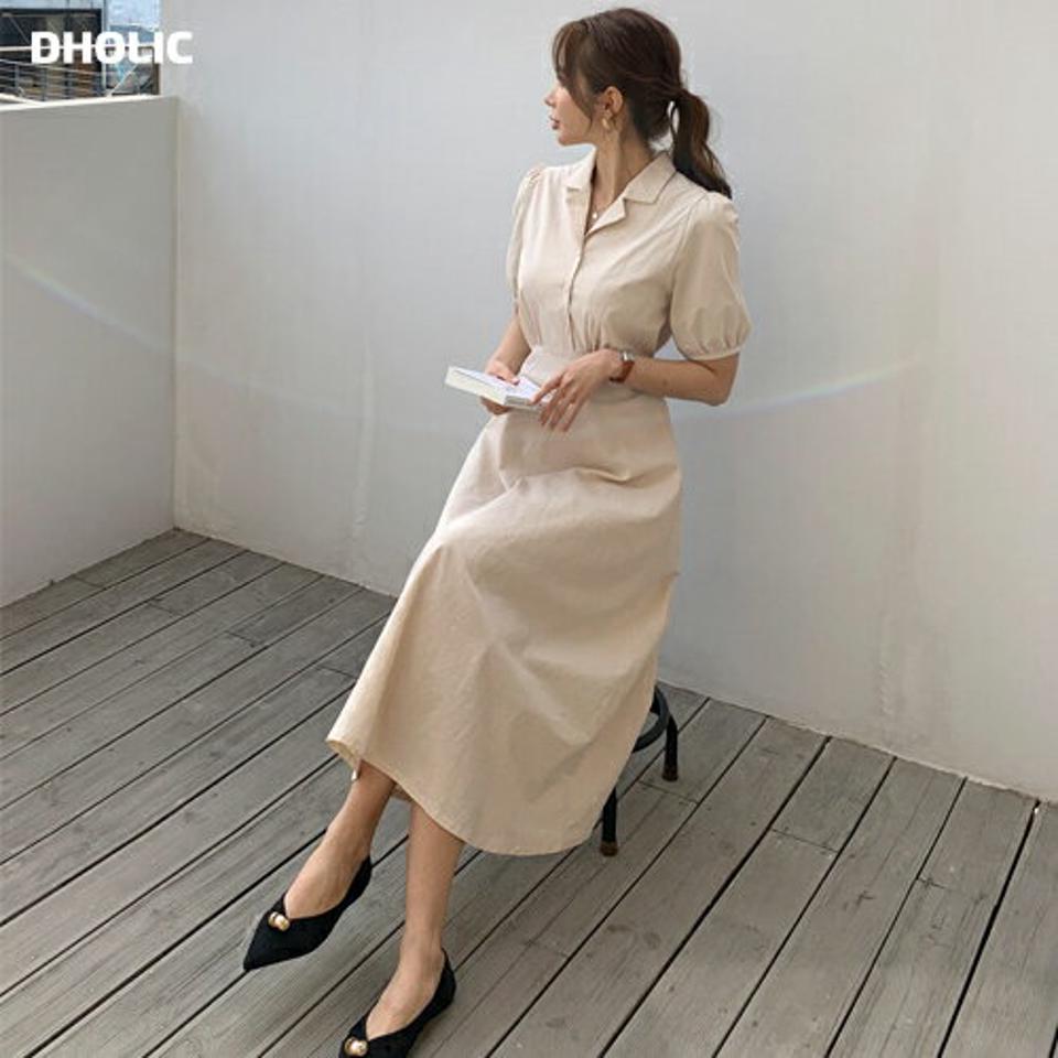 開襟半袖ワンピース・全4色・t67765 レディース 【ops】 ワンピース ロング ロングワンピース 半袖 ハーフスリーブ 開襟 スキッパー 単色 無地 大人 シンプル Aライン パフ袖 パフスリーブ 春 夏 韓国 ファッション ハイホリHIHOLLI