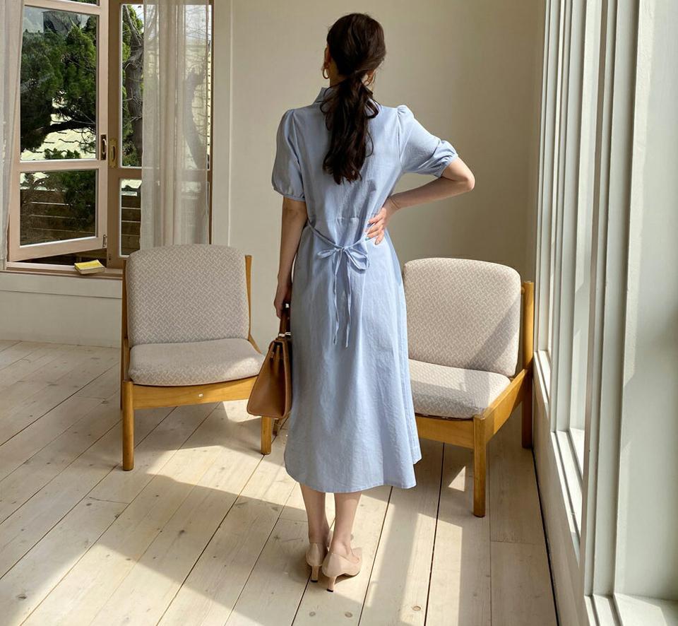 開襟半袖ワンピース・全4色・t67765 レディース 【ops】 ワンピース ロング ロングワンピース 半袖 ハーフスリーブ 開襟 スキッパー 単色 無地 大人 シンプル Aライン パフ袖 パフスリーブ 春 夏 韓国 ファッション ハイホリHIHOLLI