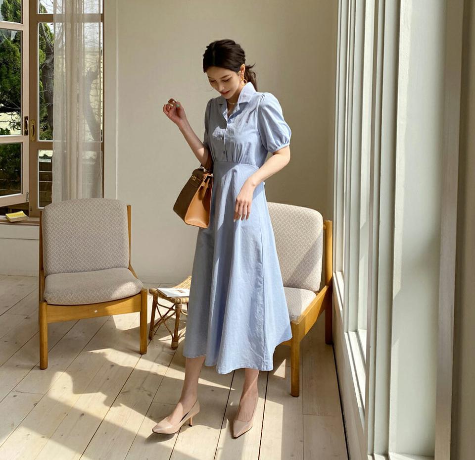 開襟半袖ワンピース・全4色・t67765 レディース 【ops】 ワンピース ロング ロングワンピース 半袖 ハーフスリーブ 開襟 スキッパー 単色 無地 大人 シンプル Aライン パフ袖 パフスリーブ 春 夏 韓国 ファッション ハイホリHIHOLLI