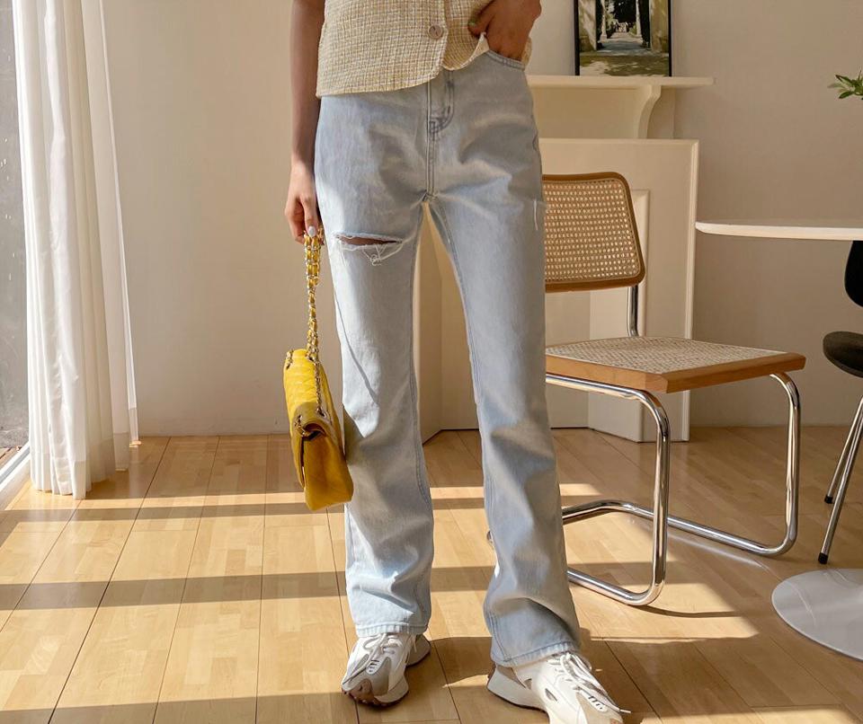 ダメージブーツカットデニムパンツ・全1色・t61854 レディース 【pt】【韓国 ファッション ボトムス ロング ロングパンツ デニム デニムパンツ ブーツカット 美脚 体型カーバー 10分丈 十分丈 カジュアル デイリー 夏 春】