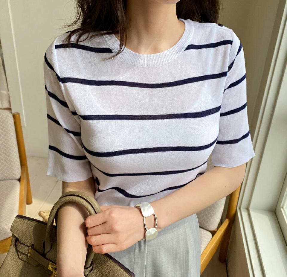 ボタンボーダーラウンドニット・全3色・b67715 レディース 【tops】 トップス ニット ニットトップス 半袖 ハーフスリーブ ボーダー柄 カジュアル ラフ 春 夏 秋 韓国 ファッション ハイホリHIHOLLI