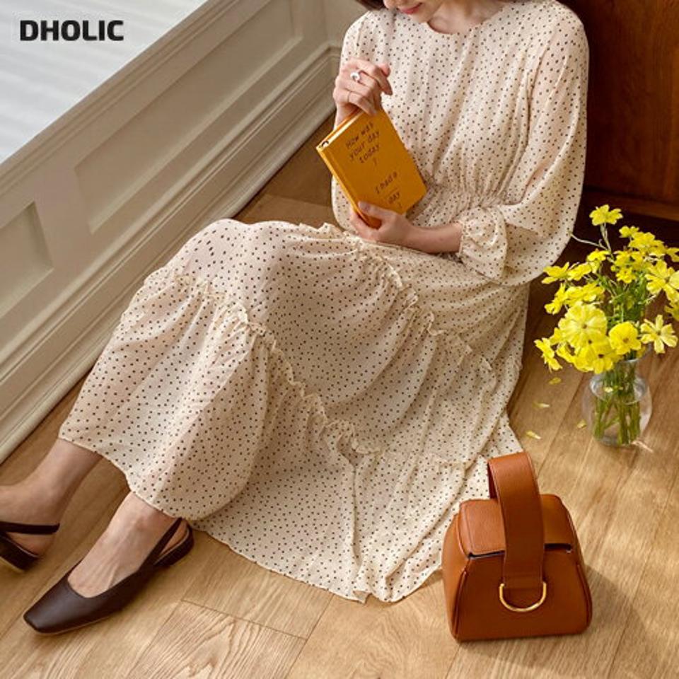 【タイム特価】ドットフリルロングワンピース・全2色・e61846 レディース 【ops】 韓国ファッション ワンピース ロングワンピース 長袖 ドット柄 フリル ラウンドネック ゴム ルーズ ゆったり フェミニン ティアード カジュアル 夏 春 【TS】セール