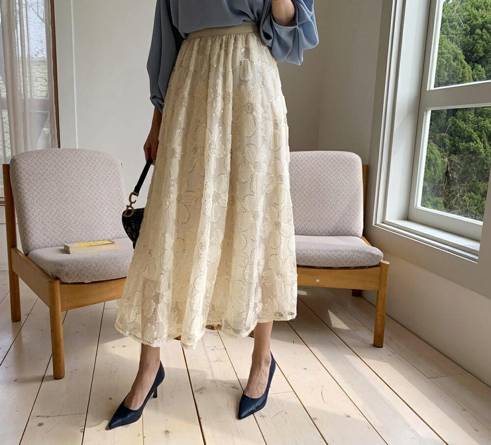 スパンコールフラワーチュールスカート・全2色・b67818 レディース 【sk】【スカート ロング ロングスカート チュール フラワー 花柄 スパンコール フェミニン グロッシー フェミニン ボリューム 春 秋 夏 韓国 ファッション】【ハイホリHIHOLLI】【fw】