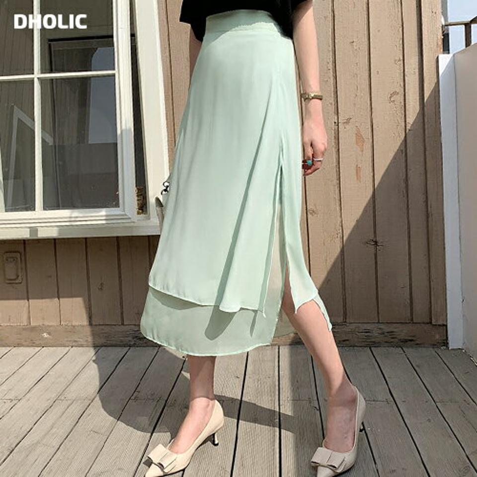 シフォンレイヤードスリットスカート・全3色・t67819 レディース 【sk】 スカート ミディ丈 ミディスカート フェミニン レイヤード シフォン 透け感 シアー かわいい 春 夏 秋 韓国 ファッション ハイホリHIHOLLI