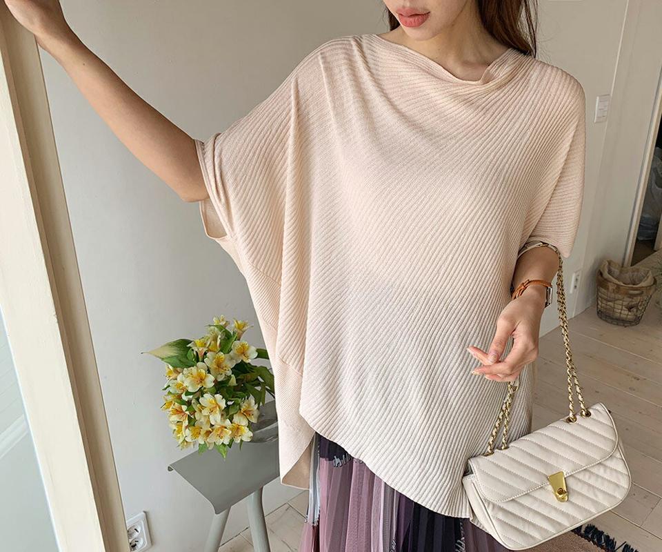 フロントリブルーズニット・全3色・b67762 レディース 【tops】【トップス ニット ニットトップス 半袖 ハーフスリーブ 単色 リブ ドルマンスリーブ ドルマン 大人 春 夏 秋 韓国 ファッション】【ハイホリHIHOLLI】